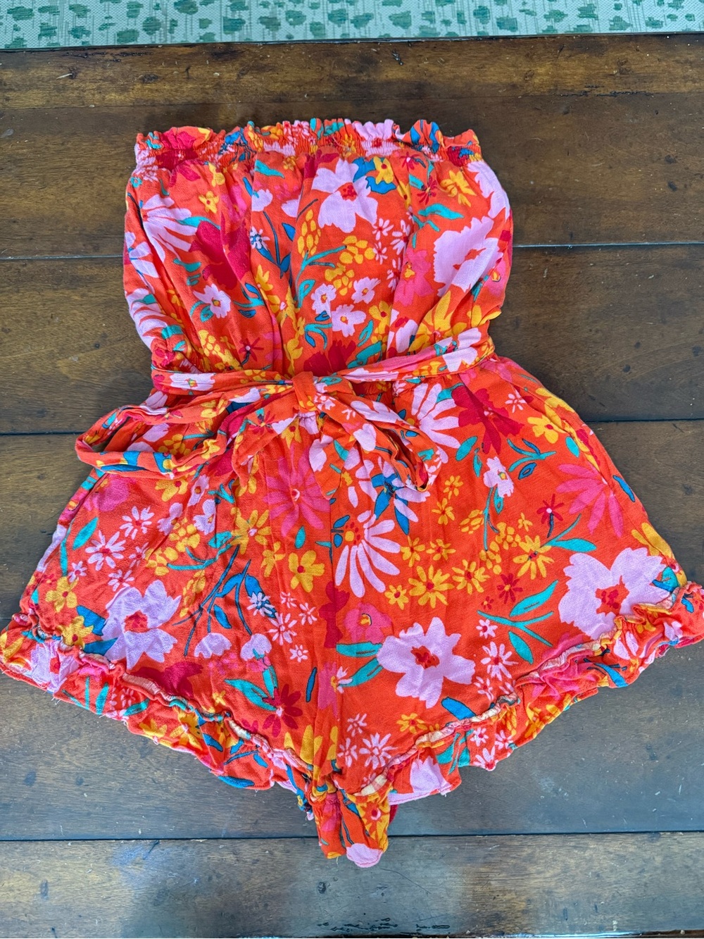 Sugarlips Red Floral Strapless Romper with Pink & Yellow Accents